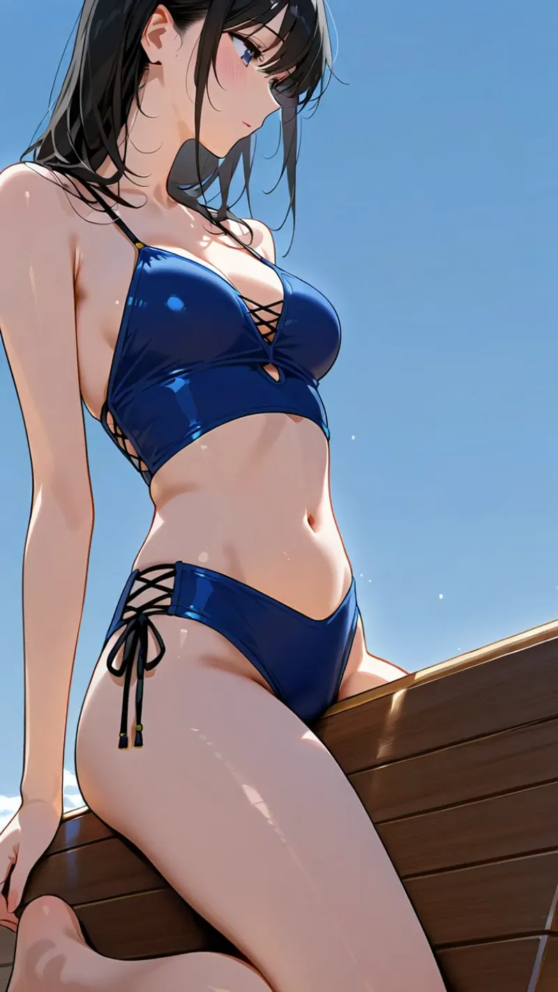 青空を背景に、黒髪の美少女が紺色のビキニ姿で横向きのポーズを取るアニメ調イラスト。柔らかい陽光が肌に当たり、爽やかな夏の雰囲気が漂う一枚です。