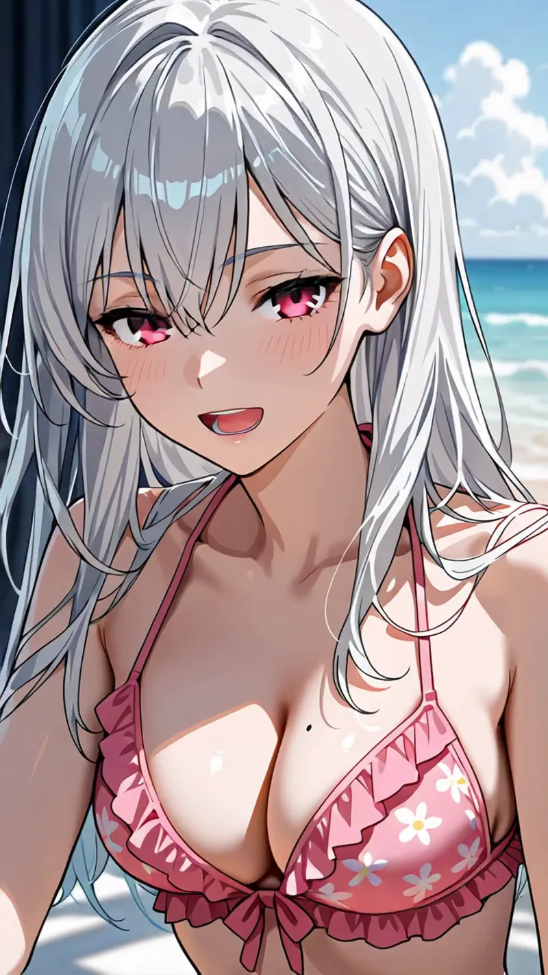 透明感のある白髪と鮮やかなピンク色の瞳が印象的なアニメ調の美少女イラスト。花柄のピンクビキニで、爽やかな海と空を背景に楽しげな表情を浮かべています。光の当たり方が柔らかく、夏の海辺の雰囲気を引き出した作品です。