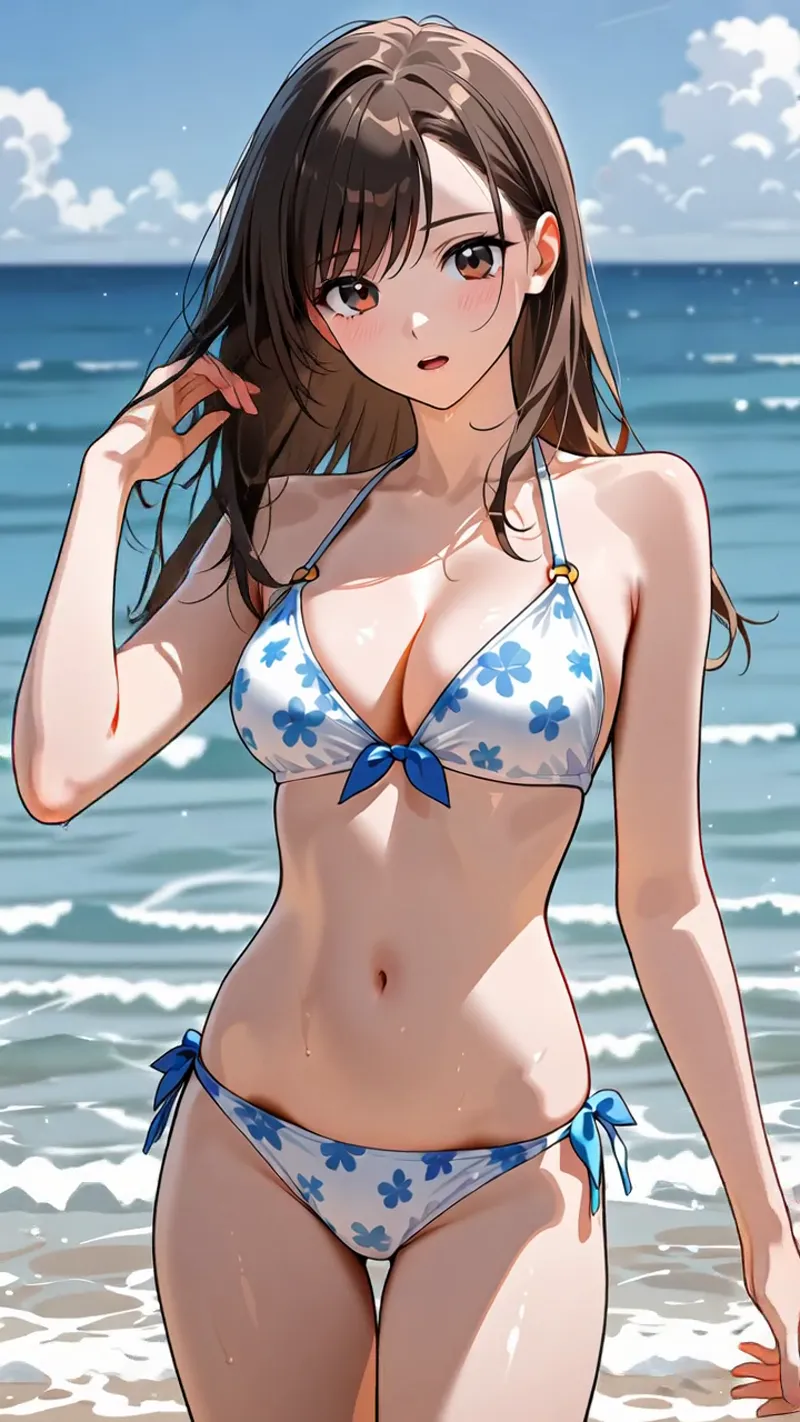 白い砂浜と穏やかな海を背景に、青い花柄の水着を身につけた茶髪の少女が佇んでいます。澄んだ瞳とやさしい表情、光に映える肌の質感が美しく描かれたアニメ調イラストです。
