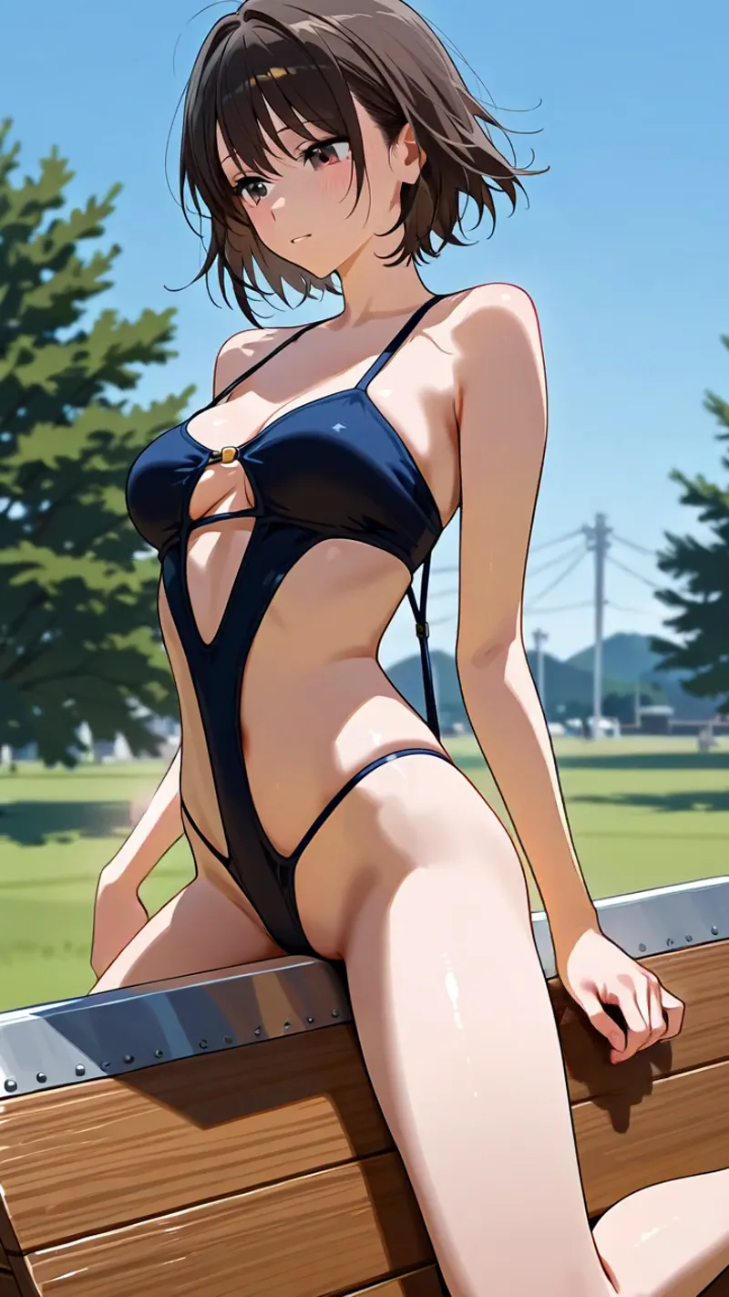 青紺色の水着を身に纏った黒髪ショートの少女が、緑あふれる野外で穏やかな表情を浮かべています。爽やかな青空と遠景の橋、松の木に囲まれた自然光あふれる風景が、夏の開放感を引き立てています。