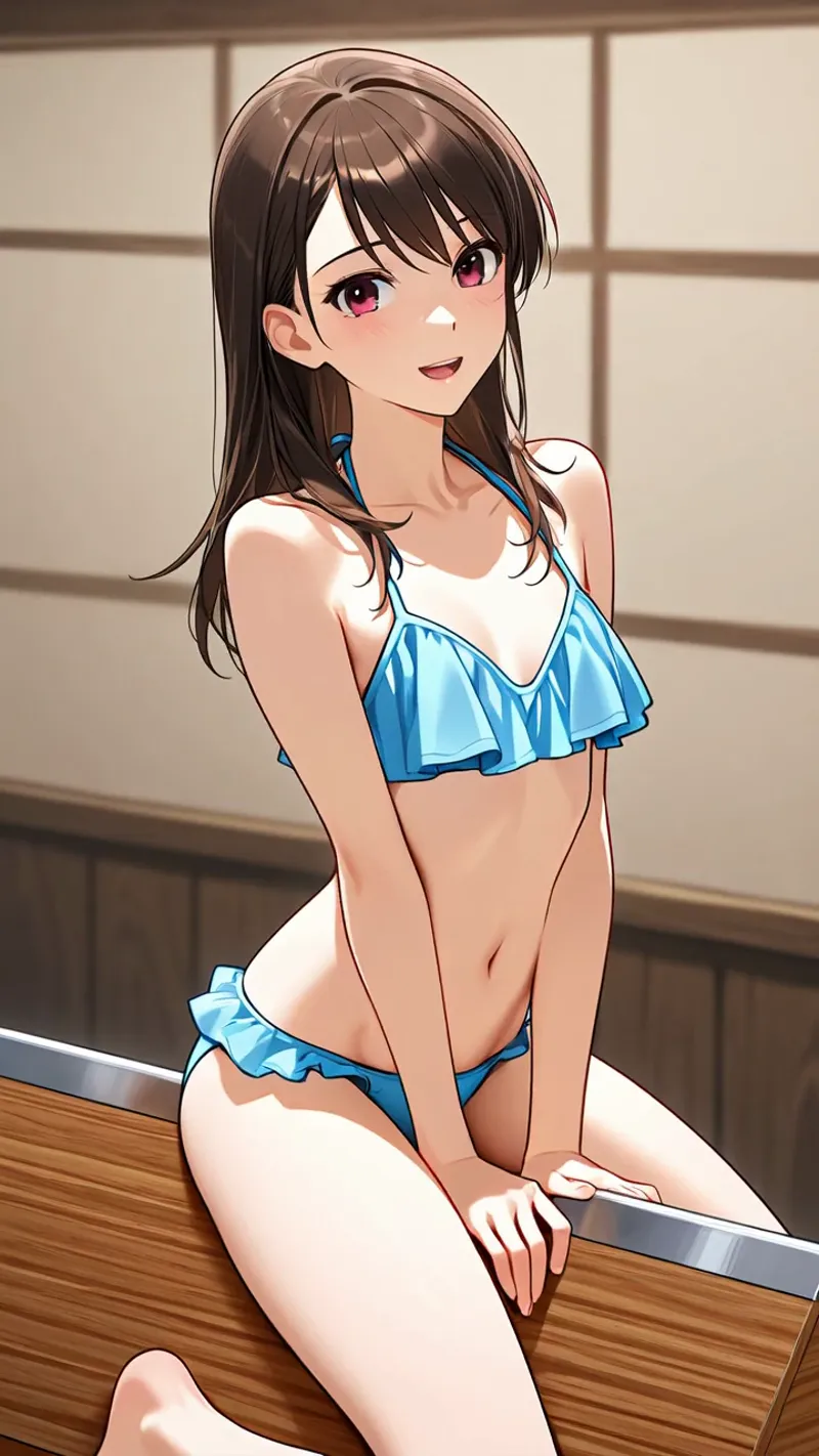 黒髪ロングに赤紫の瞳が印象的な美少女が、青いフリルビキニで優雅に微笑む。室内の落ち着いた照明と格子窓を背景に、柔らかな肌色と丁寧な陰影表現が特徴のアニメ調イラストです。
