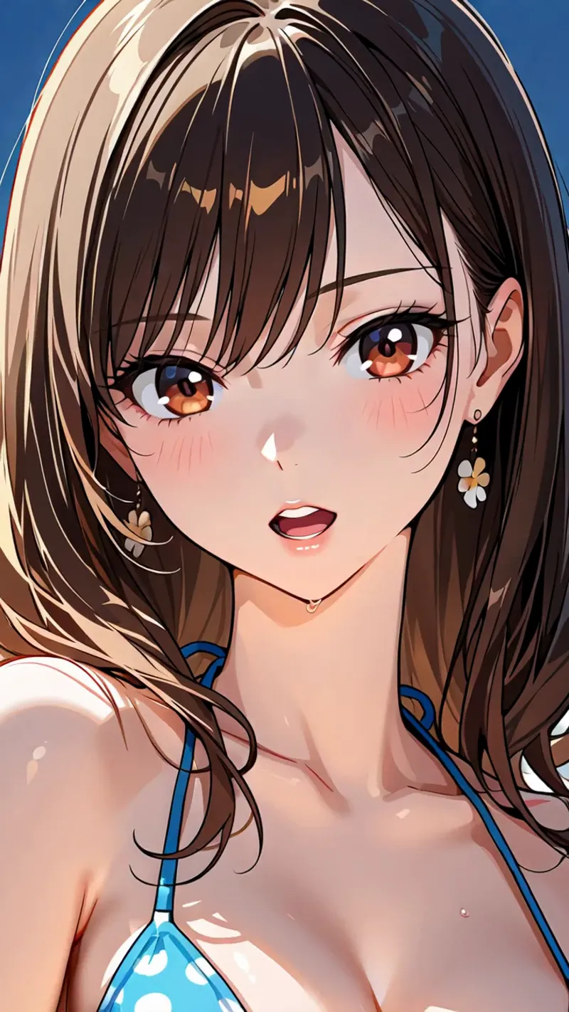 褐色のセミロングヘアに花モチーフのイヤリングを付けた女の子のアニメ調イラスト。深い琥珀色の瞳が印象的で、青い清涼感のある色使いが爽やかな雰囲気を演出しています。