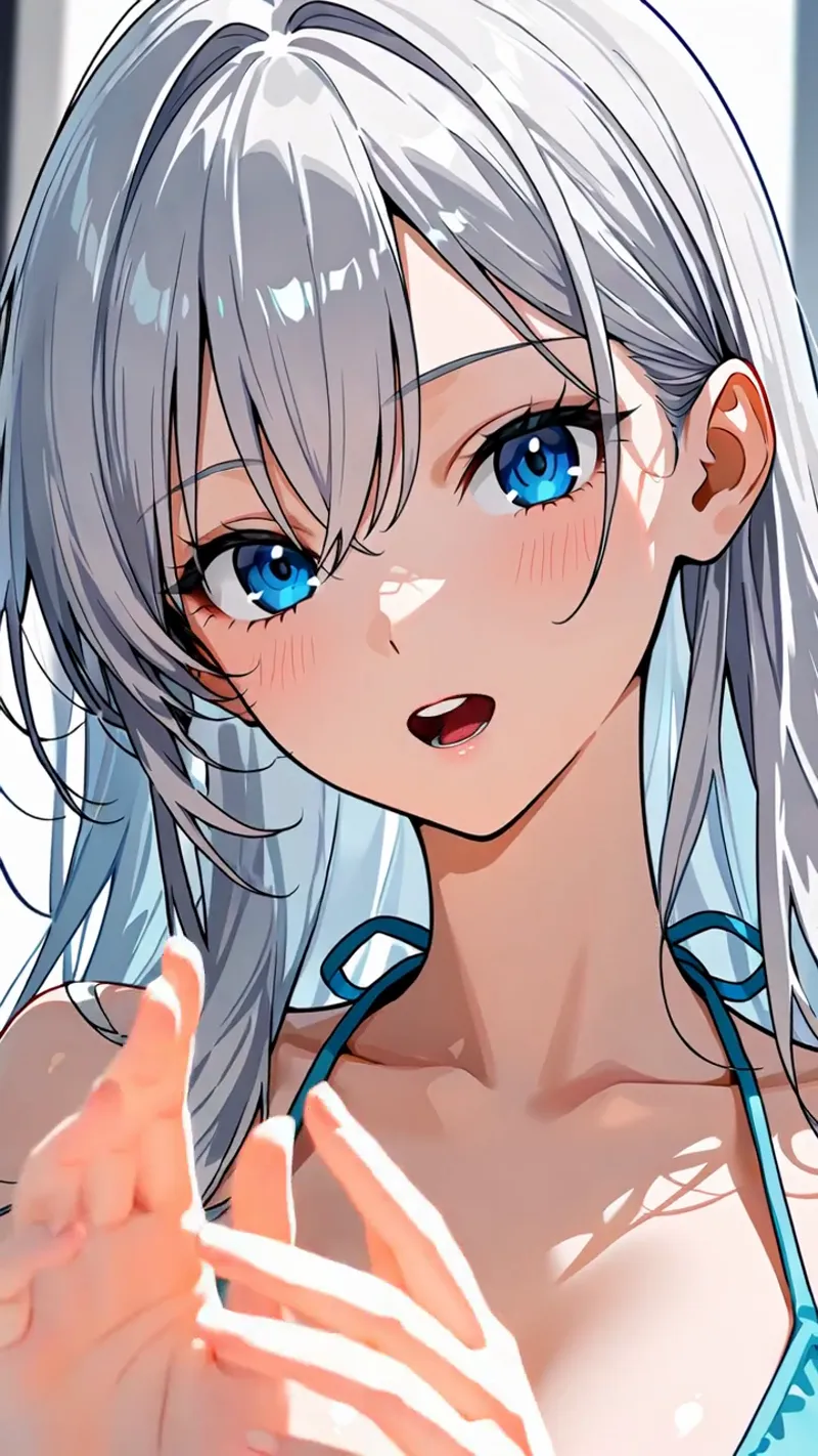 銀灰色のショートヘアと瑠璃色の瞳が印象的な美少女のアニメ調イラストです。驚きの表情と白とオレンジのカラーリングが爽やかな雰囲気を引き出しています。