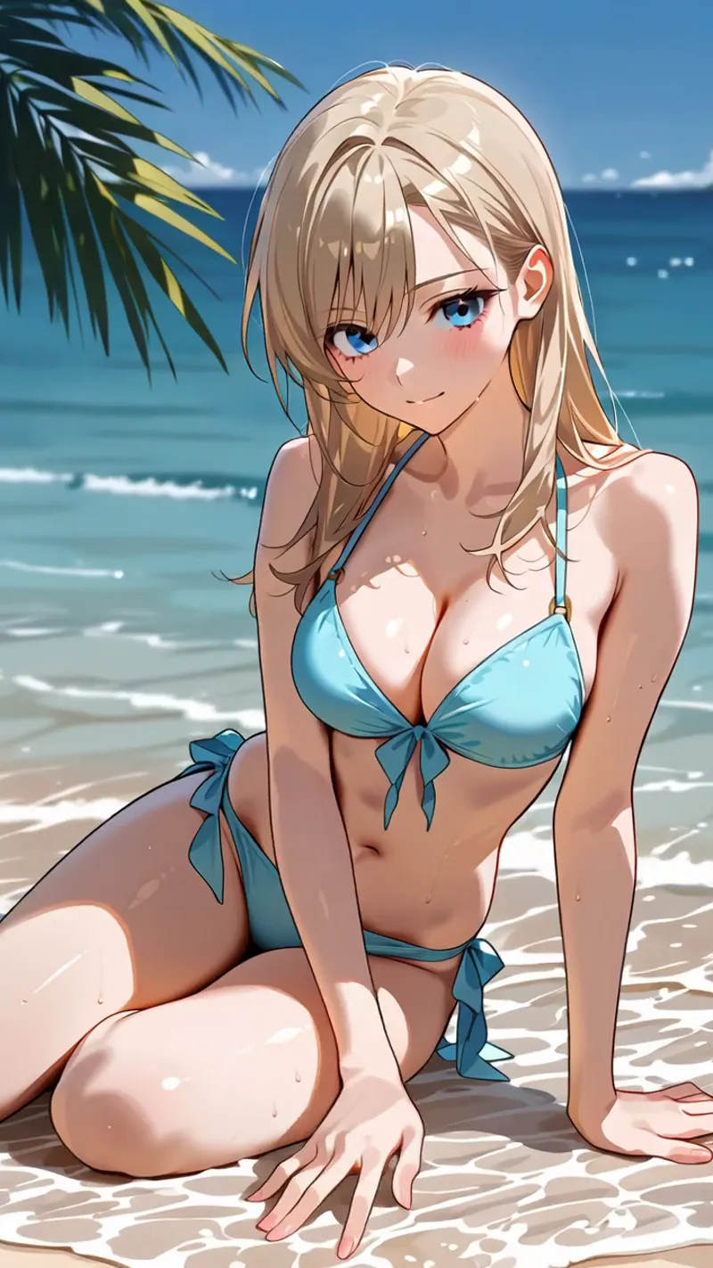 澄んだ青い瞳と白金色の長髪が特徴の美少女が、波打つビーチで微笑む。青いビキニ姿で砂浜に膝をついた構図、背景には透き通った海と椰子の葉が映り込み、夏の爽やかさが表現されています。
