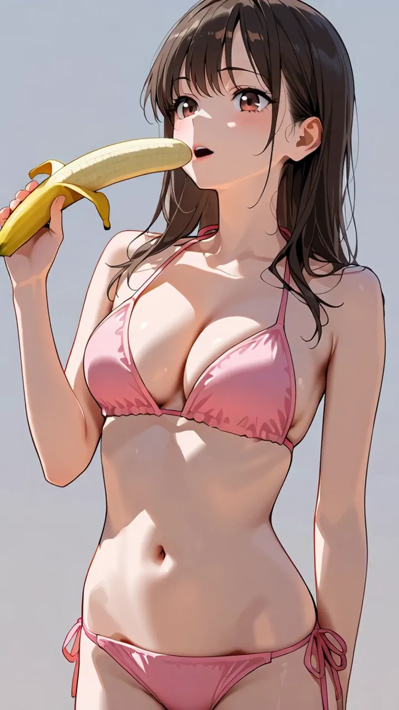 黒髪ロングヘアに前髪ぱっつんの美少女がピンク色のビキニ姿でバナナを持つアニメ調イラスト。柔らかい光と淡い背景に浮かぶキュートな表情が印象的です。