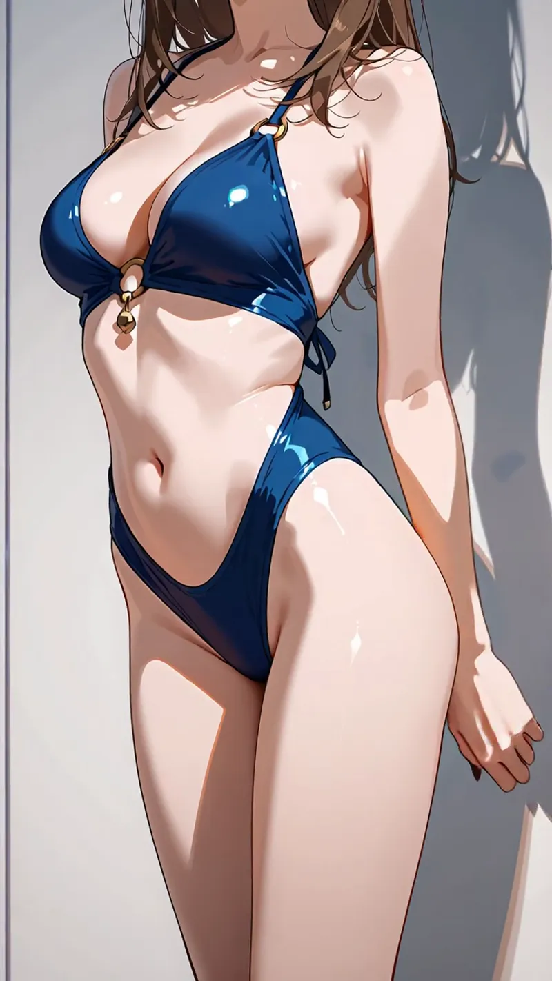 紺色のハイレグ水着を身に纏った美少女のアニメ調イラストです。白を基調とした背景に斜光が当たり、肌の質感が滑らかに表現されています。茶髪のウェーブヘアと透明感のある肌の描写が特徴的な作品です。