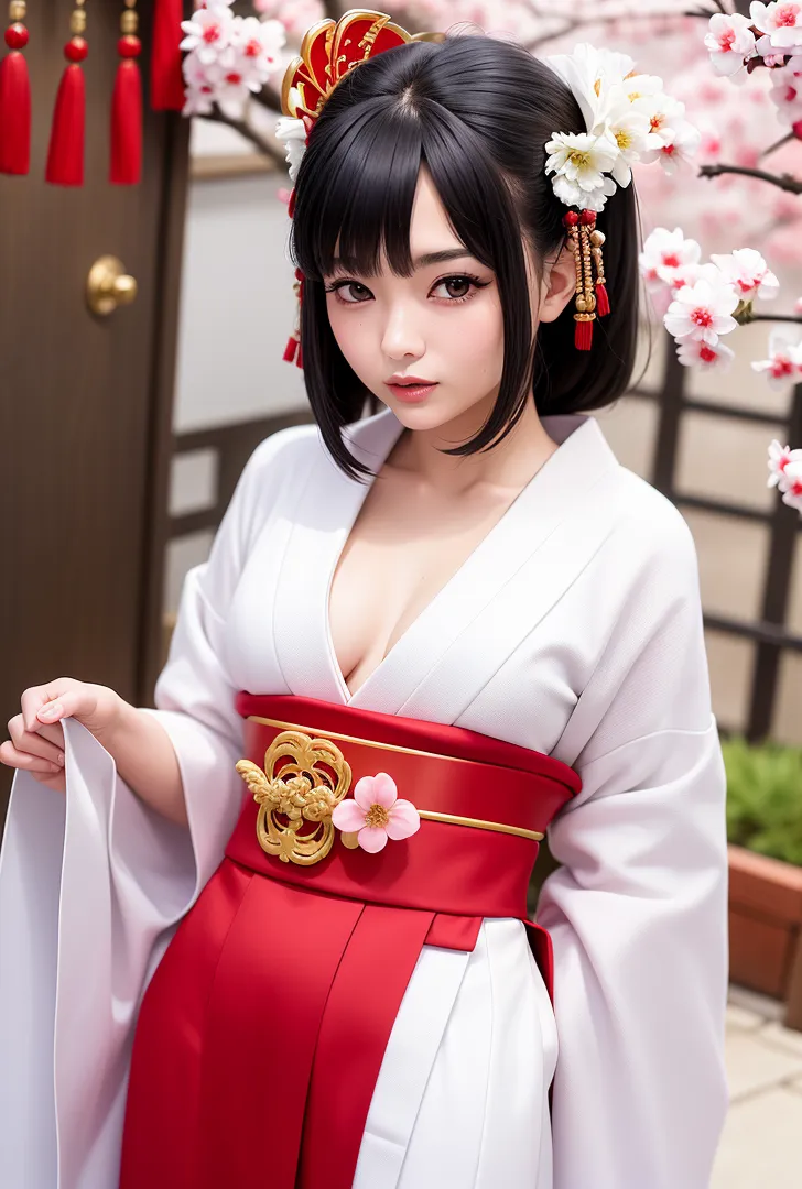 黒髪を花飾りで彩った美少女が、白地に赤い帯の上品な和装姿で春の庭に佇んでいます。背景には満開の白い花が咲き、赤い飾房が揺れる和風空間で、清らかな表情が印象的です。