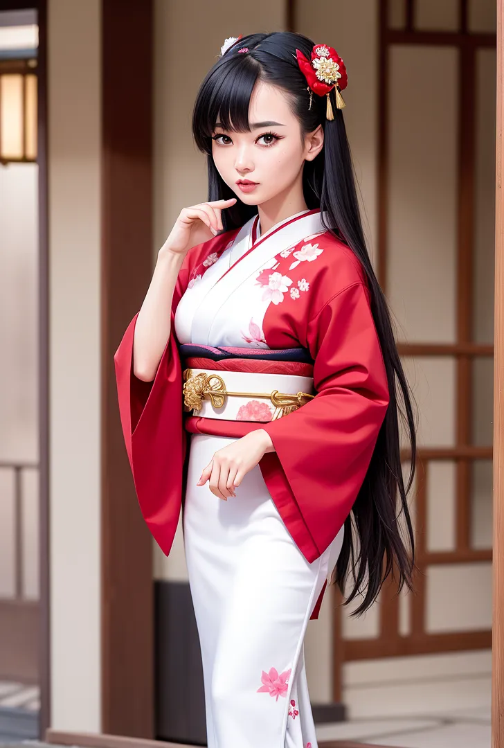 赤と白の色合いが映える着物を身につけた美少女のポートレートです。黒い長髪に赤い髪飾りを添え、落ち着いた和風の室内背景の中で優雅な表情を浮かべています。古風で清楚な魅力を引き出したアニメ調イラストです。