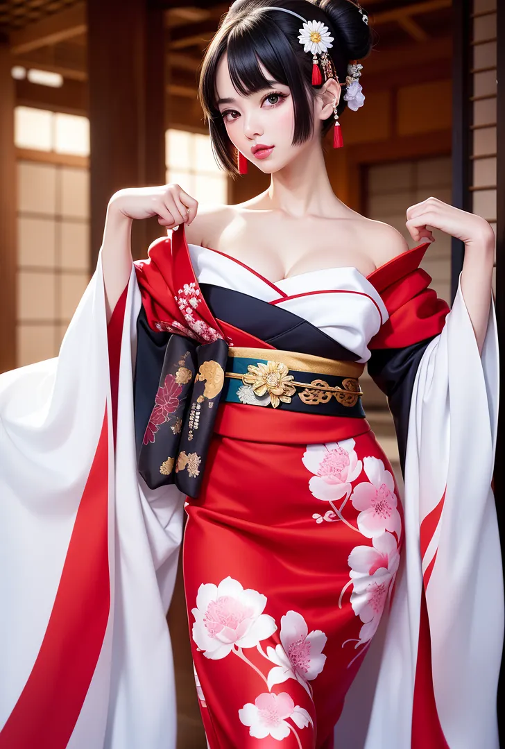 紅白配色の古典的な着物に身を包んだ美少女が、しなやかな姿勢で微笑む。白い羽根飾りと赤い房飾りのヘアアクセサリー、豪華な帯締めが上品さを引き立てる和風イラスト。