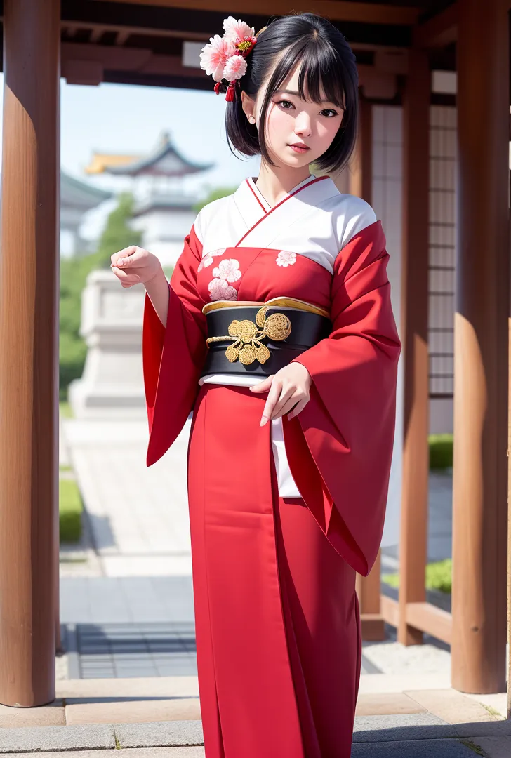 ピンクの花かんざしで髪を飾った黒髪の少女が、白と赤の古典的な着物に黒い帯を締めて寺院の廊下に立っています。背景の曲線美しい建築と緑の庭園が、清楚で優雅な和風の世界観を引き立てています。