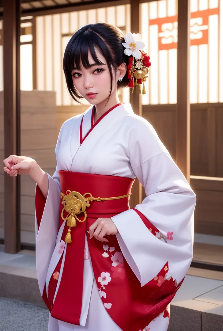古風な日本家屋を背景に、白地に赤い花柄の着物を身に纏った美少女が凛とした表情で佇んでいます。髪には白い花と赤い髪飾りが装い、金の帯留めが優雅な和のたたずまいを引き立てます。