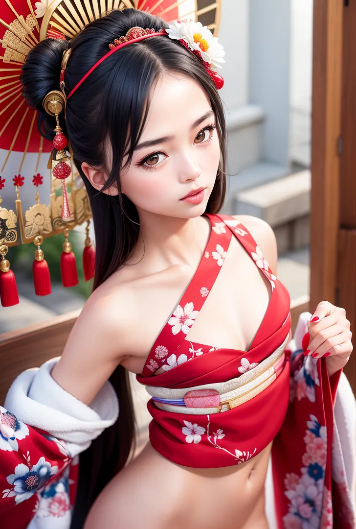 黒髪を花飾りで彩り、赤い花柄の着物を身に纏った美少女の横顔ポートレート。古都の雰囲気漂う背景に、金色の扇や赤い房飾りが華やかに映える和風イラスト作品です。