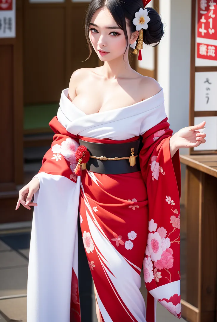 白地に赤い花柄が映える古典的な着物姿の少女が、上品な笑顔で佇んでいます。髪には白い花飾りと金色の房飾りをあしらい、黒帯で華やかに帯締めされた和風の優雅な装いが印象的です。