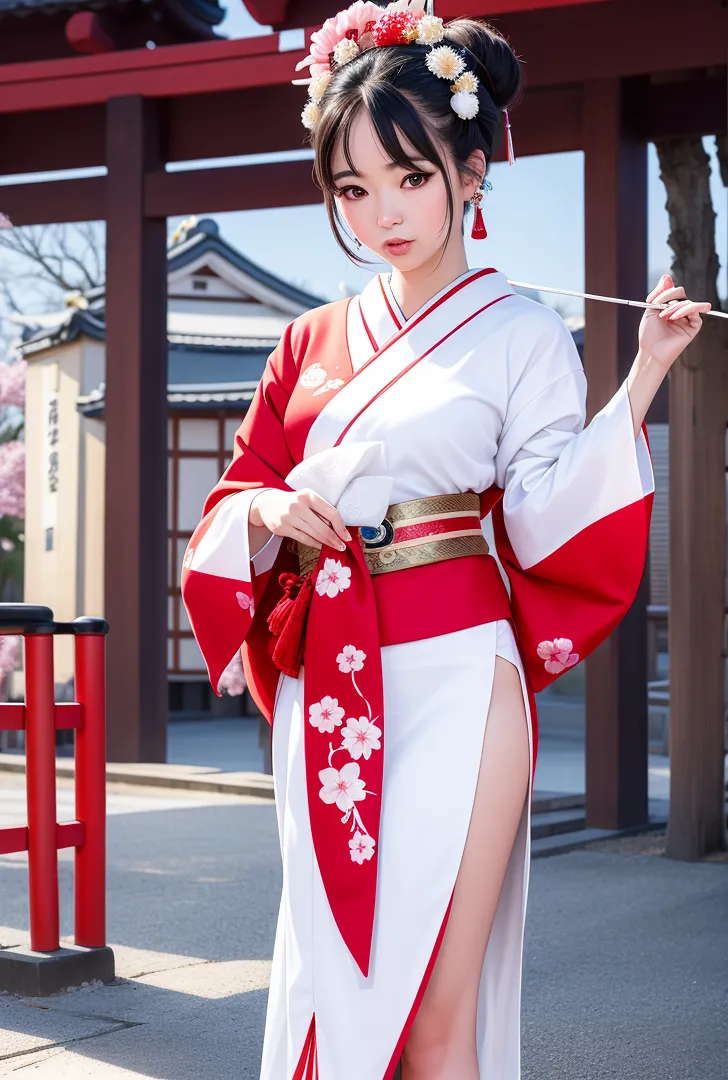 赤と白の古典的な着物に身を包み、花かんざしを髪に飾った美少女のポートレート。古い寺社の建築を背景に、優雅な和装の魅力が引き立つ一枚です。