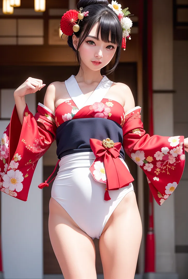 赤と白の古風な振袖に身を包み、花の髪飾りを優雅に飾った美少女のポートレートです。和室の背景に映える鮮やかな衣装と、清潔感のある表情が調和した上品なアニメ調イラスト。