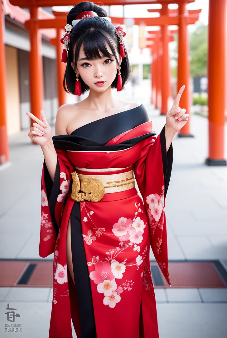 神社の赤い柱を背景に、花柄の赤い着物を優雅に着こなす美少女のポートレート。花を飾った髪と清楚な表情、ピースサインのポーズで和の美しさを引き出したアニメ調イラストです。