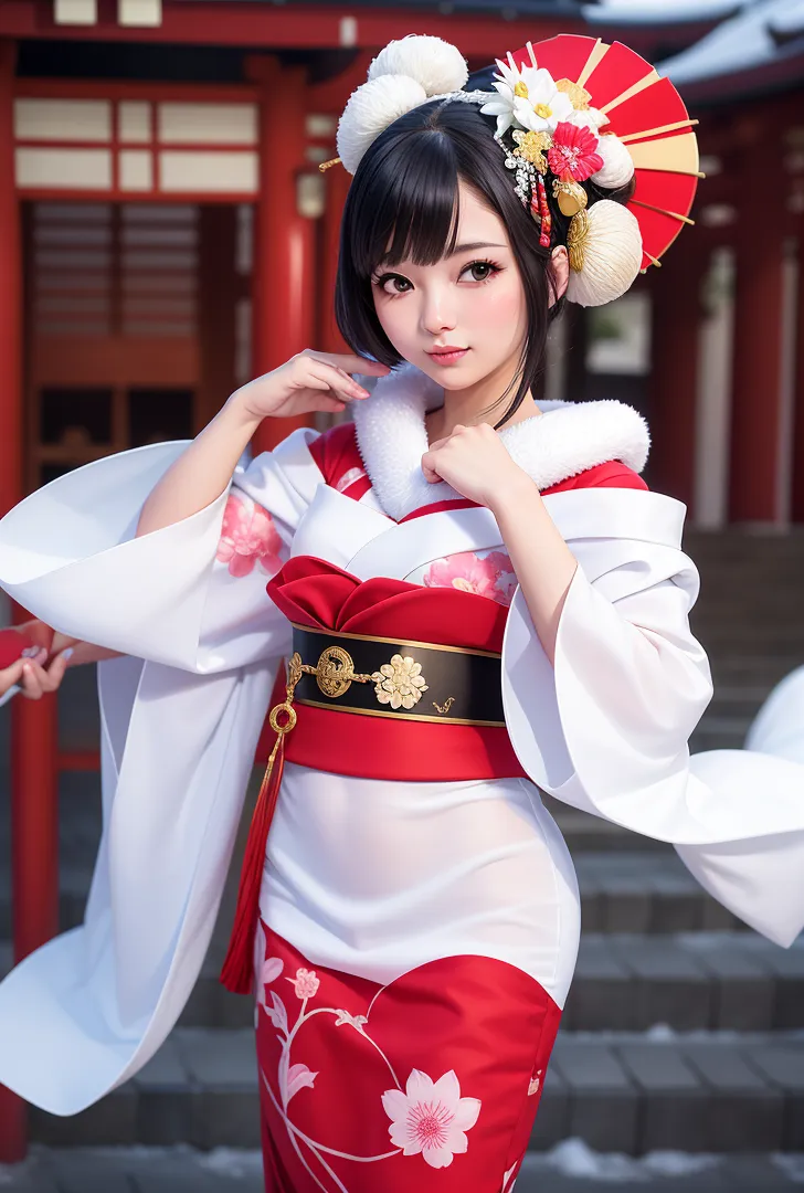 黒髪に赤と金の髪飾りを挿した美少女が、白と赤の古典和装に身を包み、古風な建物を背景に凛とした表情で佇んでいます。ふっくらした袖から覗く白い腕と、花柄模様の赤い帯が和の優雅さを引き立てています。