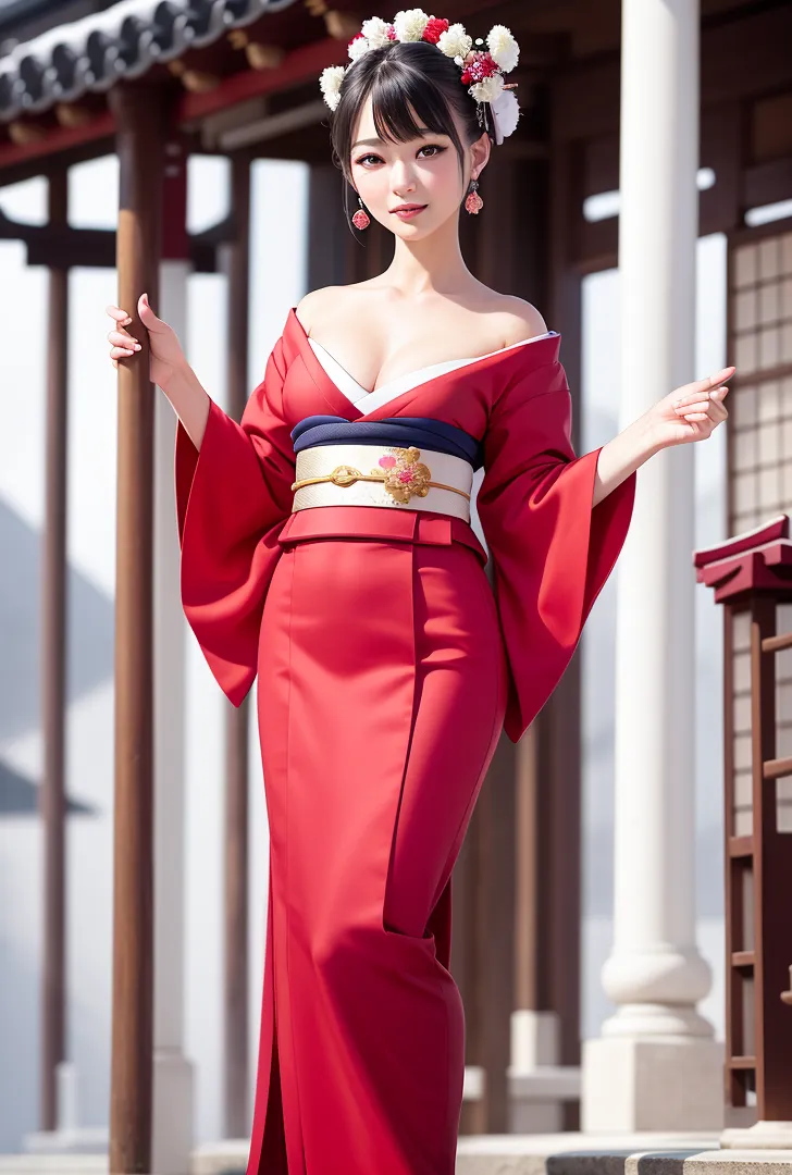 白とピンクの花冠を優雅に飾った黒髪の美少女が、深紅の和風ドレスで古典建築の前に立つポートレート。自然光に包まれた気品ある表情と洗練された色合いが印象的です。
