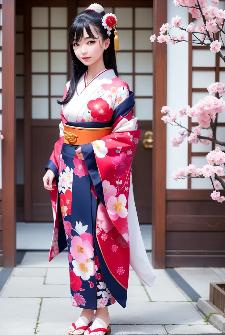 紅白ピンクの花模様が優美な着物を身にまとった美少女が、満開の桜に囲まれた古風な庭で佇む。金色の帯や髪飾りが上品さを引き立てる、春らしい和風イラストです。