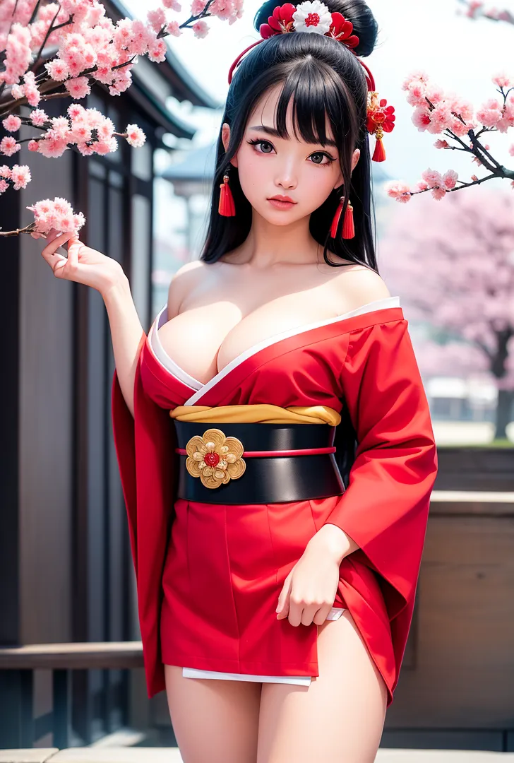 黒髪を上品に結った美少女が、満開の桜に囲まれた日本風の庭園で赤い着物姿で佇んでいます。柔らかな春の光と華やかな花々が、優雅で古典的な美しさを引き立てる一枚です。