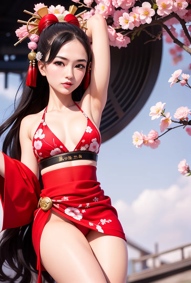黒髪に金色のヘアアクセサリーを付けた美少女が、赤い花柄の和装で春の庭園に佇んでいます。満開の桜に囲まれた屋外で、優雅な表情で上を向く姿が印象的な一枚です。