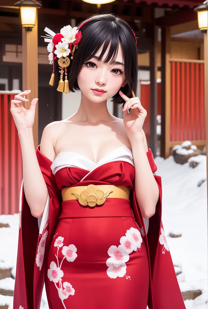 赤い着物に金色の帯と花飾りで装った優雅な姿。黒髪の前髪と柔らかな表情、頭には赤白の造花をあしらったかんざし。雪が積もる和風の庭園背景で、古典美を映したAI生成イラストです。