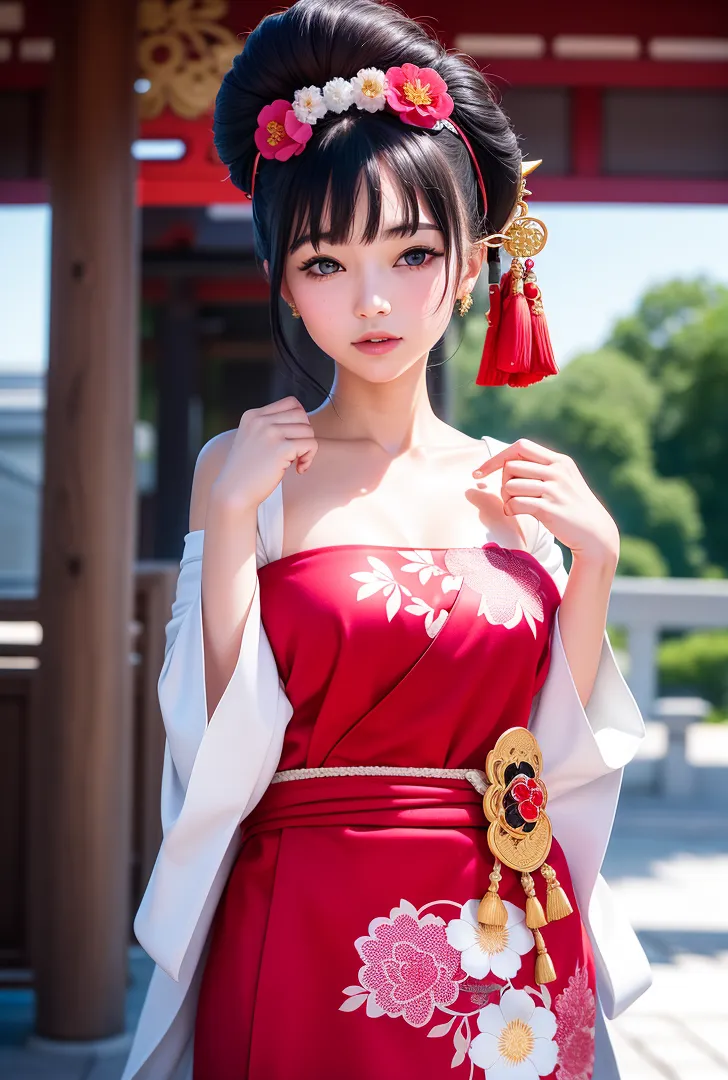 黒髪を纏めた清楚な表情の美少女が、紅白の花柄が施された古典的な衣装を身に纏っています。髪には牡丹と菊の花飾りと金色の房飾りを添え、古都の神社を背景に優雅に佇む和風ポートレート作品です。
