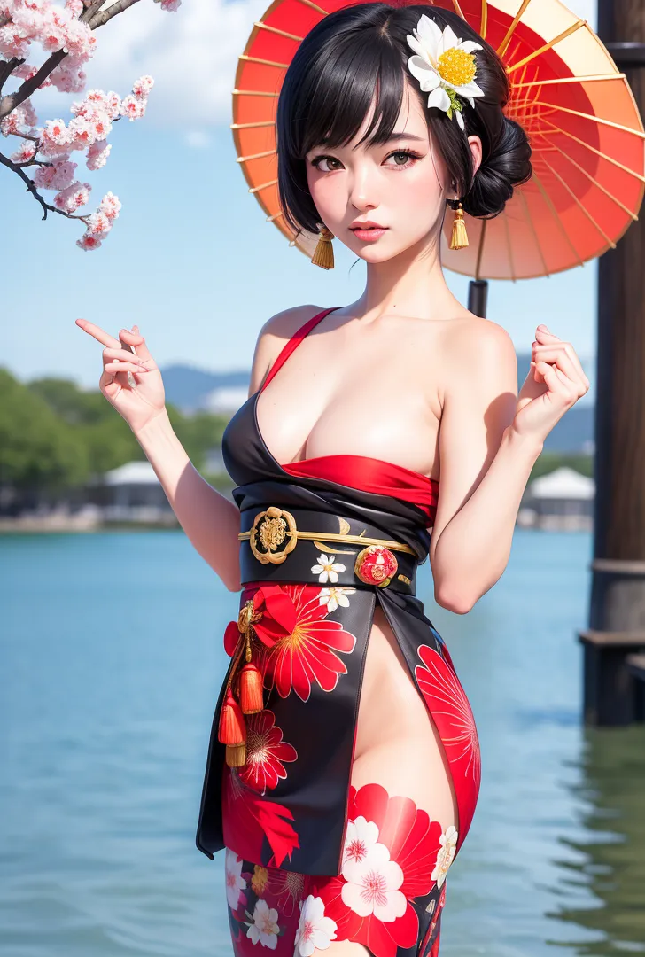 春の湖畔を背景に、黒と赤の花柄着物に身を包み、赤い和傘を差した美少女のポートレート。白い花飾りをあしらった黒髪と優美な表情が、桜の花と調和した優雅な一枚です。