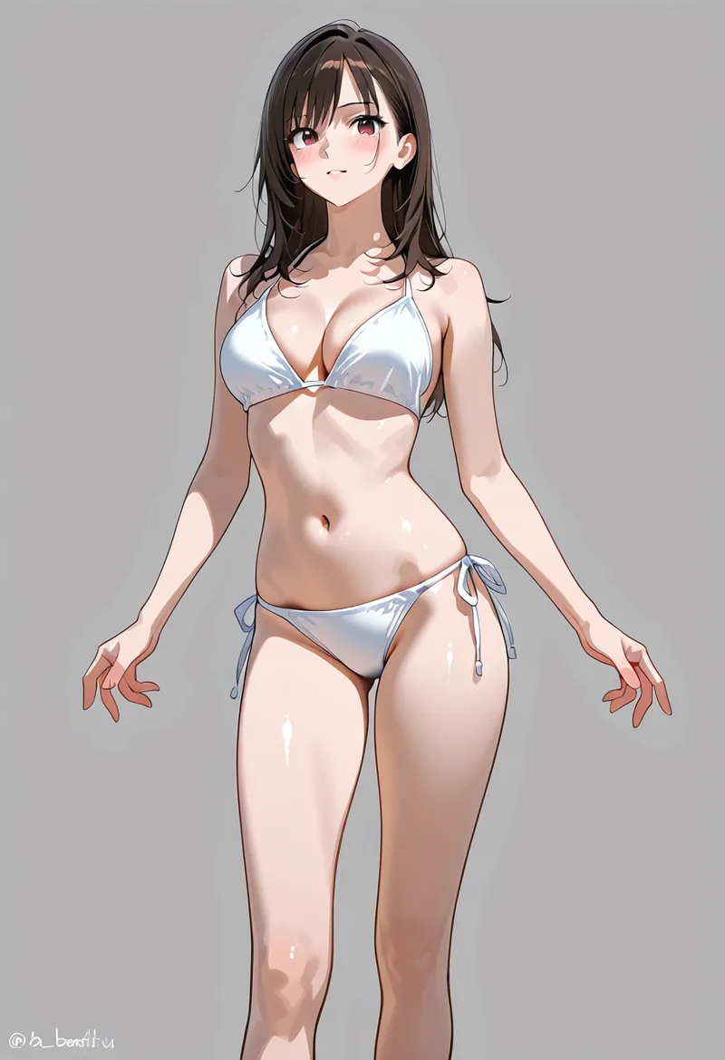 黒い長髪にピンクの瞳を持つアニメ調の美少女が、白いビキニ姿で凛とした表情を見せるポートレートです。グレーの背景に映える肌の質感と、光の当たり方が丁寧に描き込まれています。