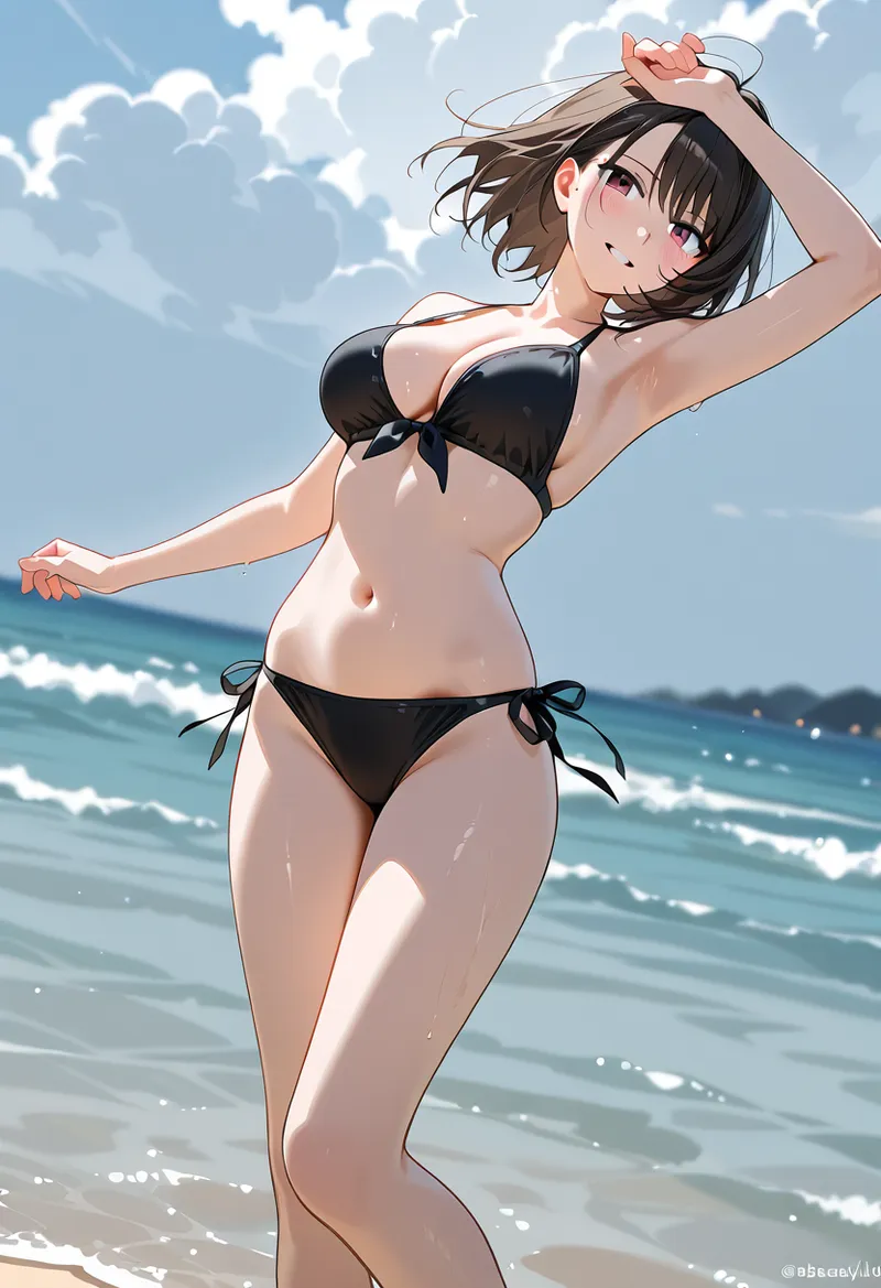 青く透き通った海と白い雲が広がるビーチで、黒いビキニ姿の少女が帽子を持ち、爽やかな笑顔で立つ夏らしいアニメ調イラストです。