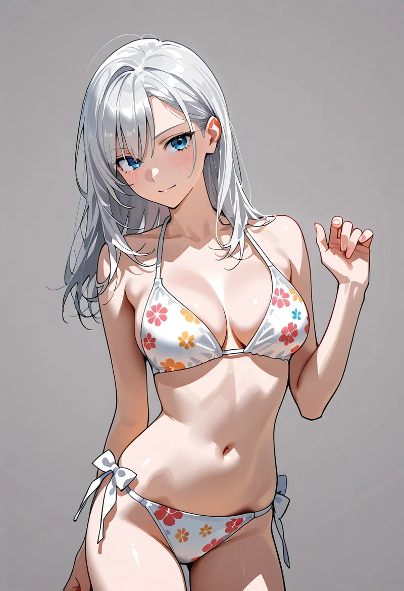 透き通るような白髪と青い瞳が特徴的な美少女のアニメ調イラストです。カラフルな花柄の白いトップスを身につけ、柔らかい表情で斜め向きのポーズで描かれています。