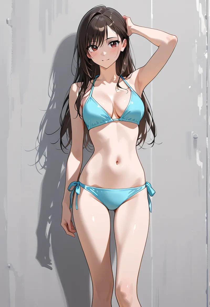 長く艶やかな黒髪をなびかせ、薄青い水着姿で凛とした表情を浮かべる美少女のアート作品。光と影が印象的に描かれた背景の中、優雅な仕草とすっきりとしたシルエットが洗練された雰囲気を醸し出しています。