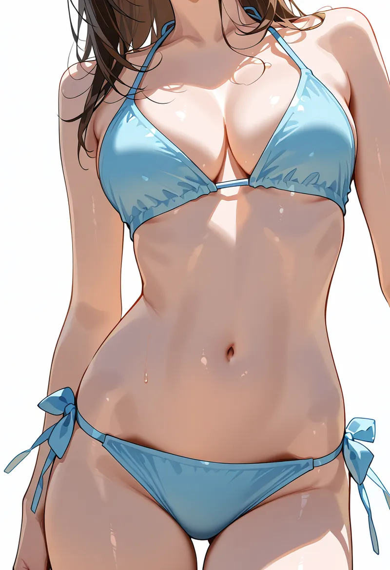 明るい白背景に映える青いビキニスタイルの水着姿。流れるような茶髪と白く輝く肌の質感が特徴のアニメ調イラスト。夏らしい爽やかな色彩が印象的です。