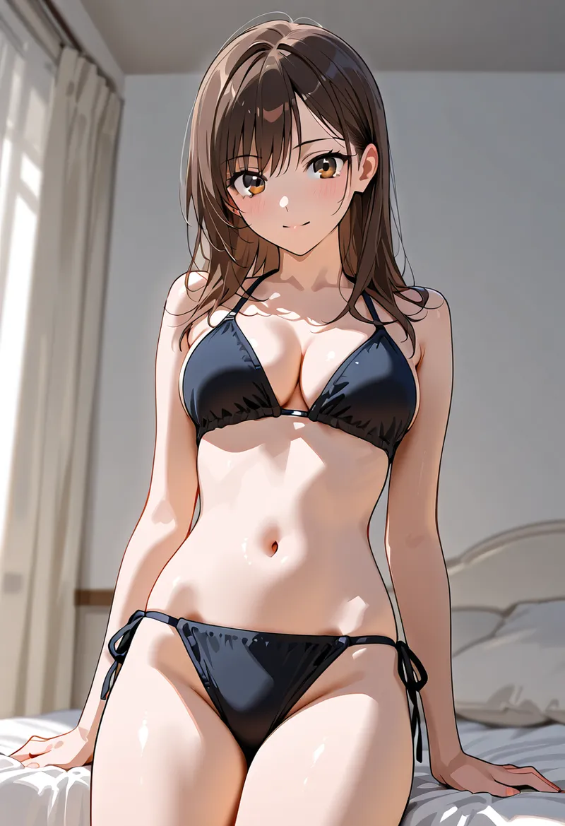 寝室の柔らかい光の中で、黒いランジェリーを身に纏った少女が静かな表情で佇んでいます。金色の瞳が優しく光り、ナチュラルな肌色と白を基調とした空間が落ち着いた雰囲気を醸し出しています。