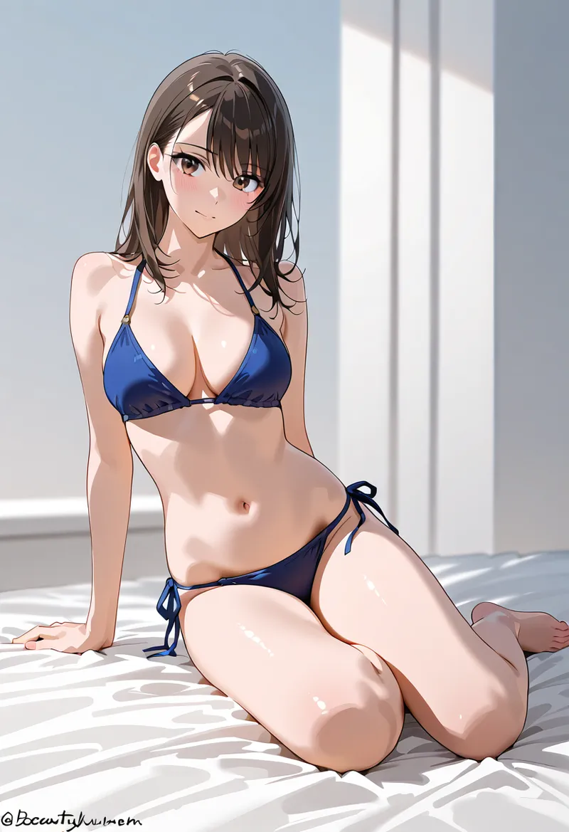 清潔感のある白い空間で、深いブルーのビキニを着た美少女がモデルのようなポーズで佇んでいます。自然光が肌に柔らかく当たり、優雅で大人っぽい雰囲気が表現されたアニメ調イラストです。