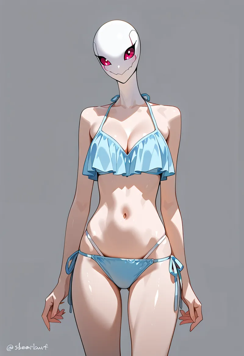 薄紫色の瞳が印象的な幻想的なキャラクターが、爽やかな水色のビキニを着た夏らしいポートレートです。アニメ調の繊細なイラスト表現で、グレーの背景に映える立ち姿の構図。
