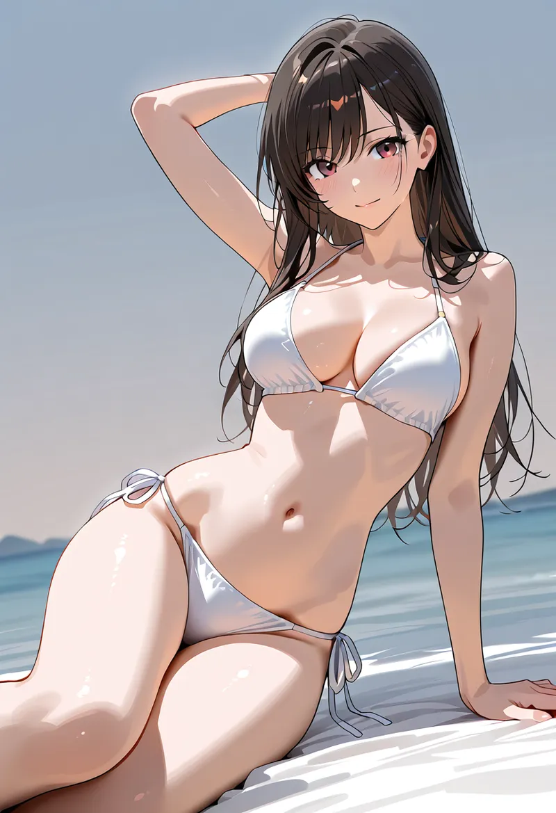 澄んだ青い海を背景に、黒髪ロングの美少女がビキニ姿でポーズを決めたアニメ調イラストです。柔らかい陽光に照らされた肌の質感と、爽やかな夏の雰囲気が魅力的に表現されています。