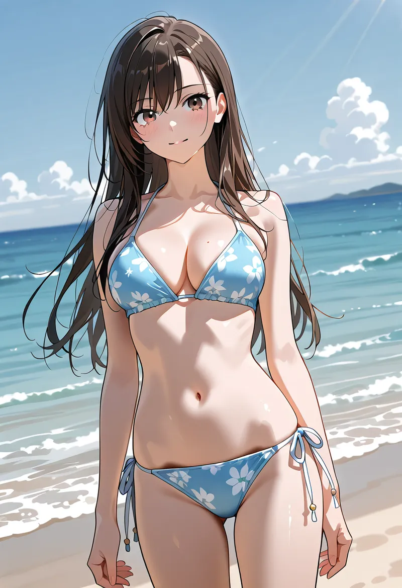 青空と波打つビーチを背景に、花柄デザインの水着を身につけた黒髪の美少女が凛とした表情で佇んでいます。夏の爽やかな雰囲気が印象的なアニメ調イラストです。