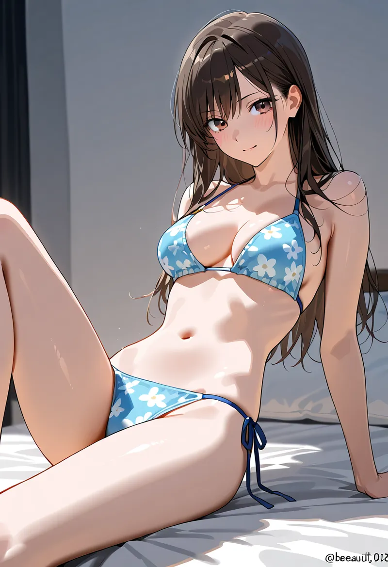 青い花柄のビキニを身に纏い、黒髪ロングヘアをなびかせた美少女のアニメ調ポートレート。白い背景とシンプルな室内設定で、清涼感あふれる表情とスタイリッシュなファッションが魅力的なイラストです。