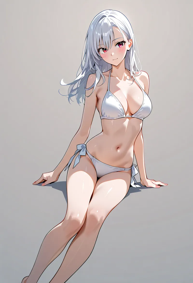 透き通るような銀髪と赤紫色の瞳が印象的な美少女イラストです。白を基調とした衣装と柔らかい笑顔で、優雅で上品な雰囲気が引き立つAI生成アート作品です。