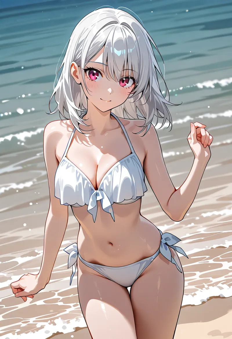 白いセミロングヘアと鮮やかなピンク色の瞳が印象的な美少女が、爽やかな夏の海辺に佇んでいます。白を基調とした水着姿で、波打ち際の砂浜と青い海を背景に、優しい笑顔を浮かべたアニメ調のイラストです。