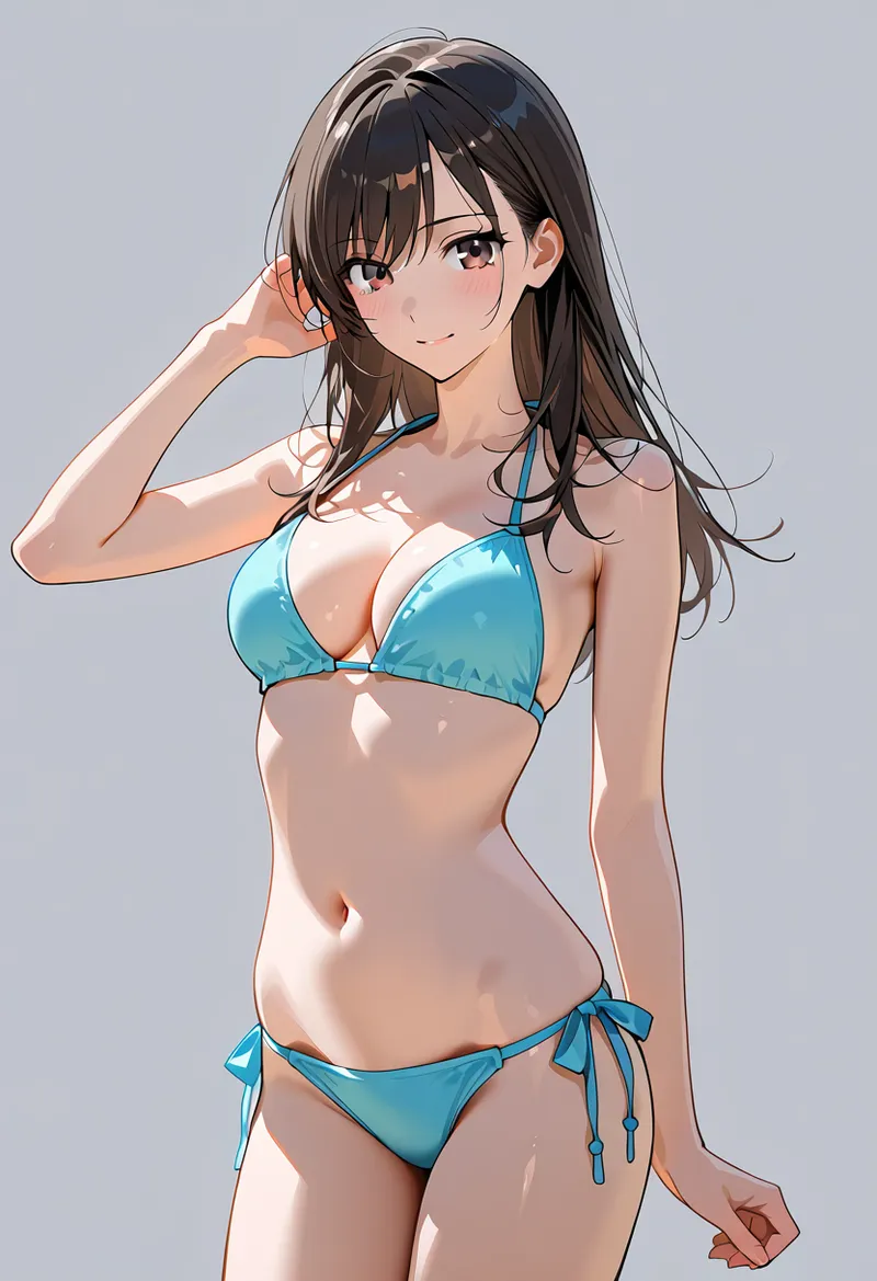 黒髪で清涼感のある表情の美少女が、青いビキニ姿でポーズを取るアニメ調イラストです。柔らかい光と淡いグレーの背景が、爽やかな夏のムードを演出しています。