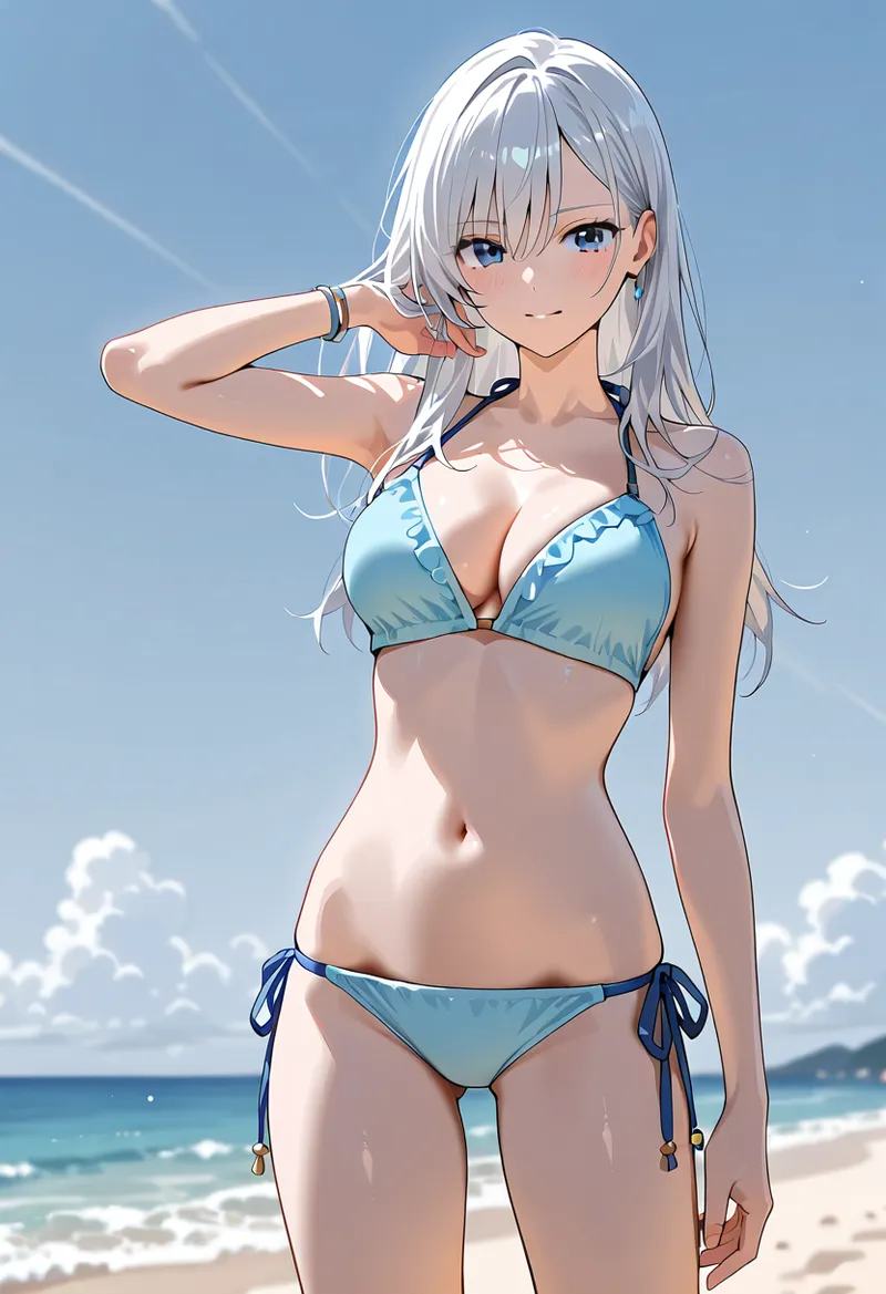 澄み渡る青い空と海を背景に、銀髪の美少女がビーチウェアで爽やかなポーズを決めています。光溢れる夏の情景を描いたアニメ調イラストです。