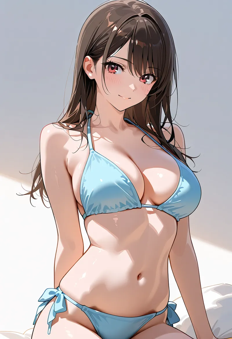 明るい背景の中、黒髪にピンクの瞳を持つ美少女が爽やかな表情で描かれたアニメ調イラストです。青色の水着姿で、光と影の効果が柔らかく表現されています。