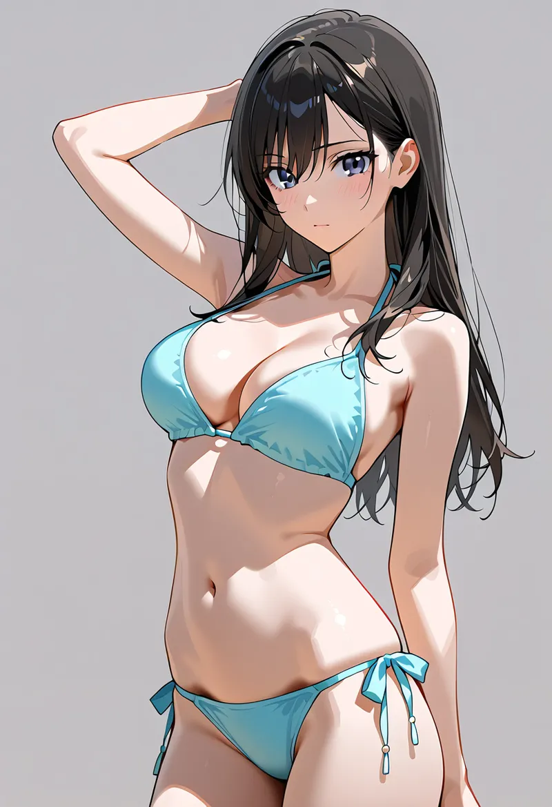 長く流麗な黒髪と紫色の瞳が魅力的な美少女のアニメ調イラストです。爽やかな水色のビキニ姿で、手を頭に当てた優雅なポーズで描かれています。