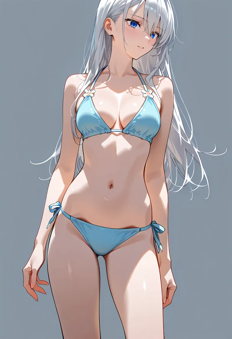 銀色の長い髪と青い瞳が特徴の美少女が、水色のビキニ姿で颯爽と立つアニメ調イラスト。光と影の表現が洗練された夏らしい一枚です。