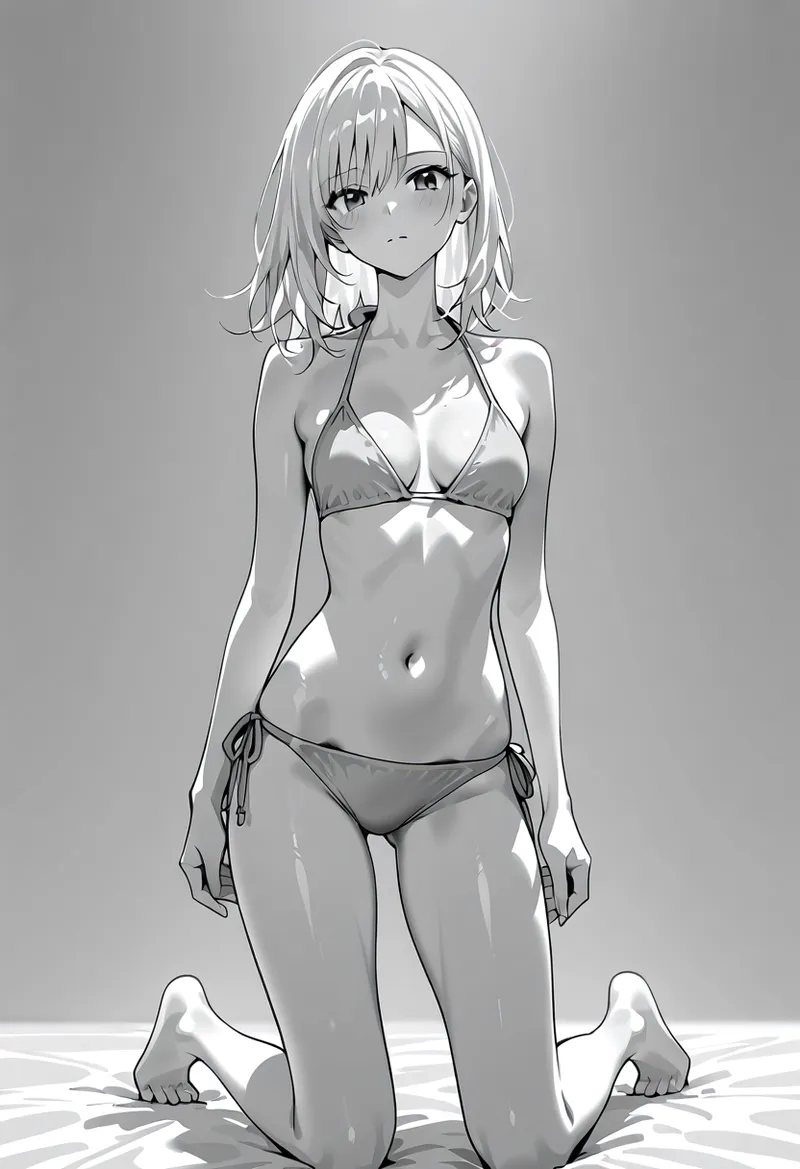白髪のセミロングヘアに大きな瞳が特徴的な美少女を、グレースケールで洗練されたアニメ調の線画タッチで表現したイラストです。柔らかなハイライトと陰影で立体感を出した高品質な作品です。