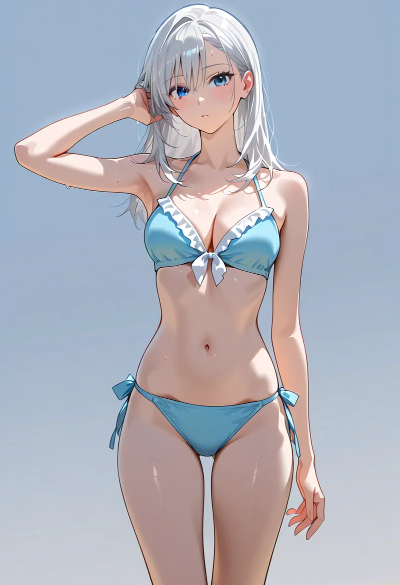 青色のビキニ水着に身を包んだ白髪の美少女が、爽やかな背景の前でポーズを取るアニメ調イラスト。透明感のある肌と涼しげな表情が夏らしい一枚です。