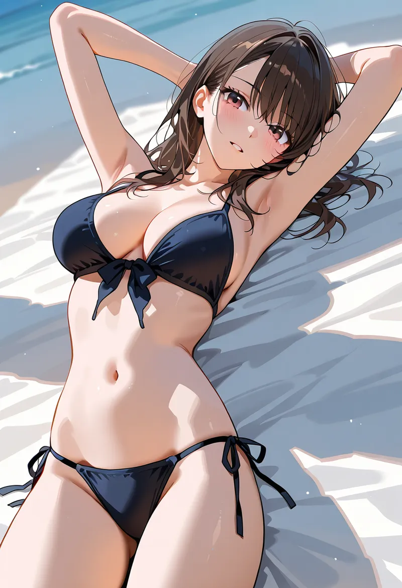 黒のビキニ水着を身につけた美少女が、爽やかな夏の背景の中でリラックスした表情を浮かべています。長く流れる黒髪と白い肌が印象的なアニメ調イラストです。