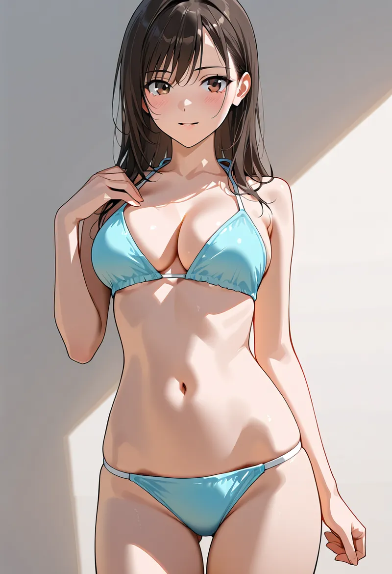 黒髪の清潔感あふれる表情と青のビキニ姿で、柔らかな光に包まれた上品なイラストです。アニメ調の細密な描写と明るい背景が魅力的に映えています。